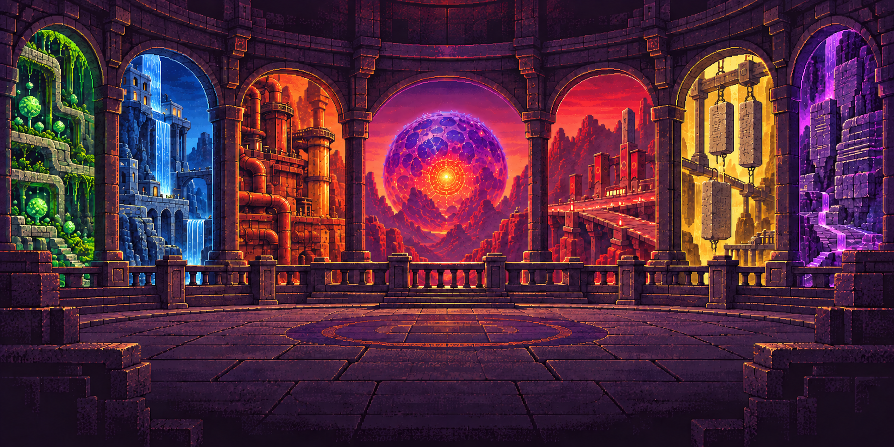 Six framed views of Kivara, Miora, Orakai, Renzai, Talakai and Zeruva surround Aether Core.