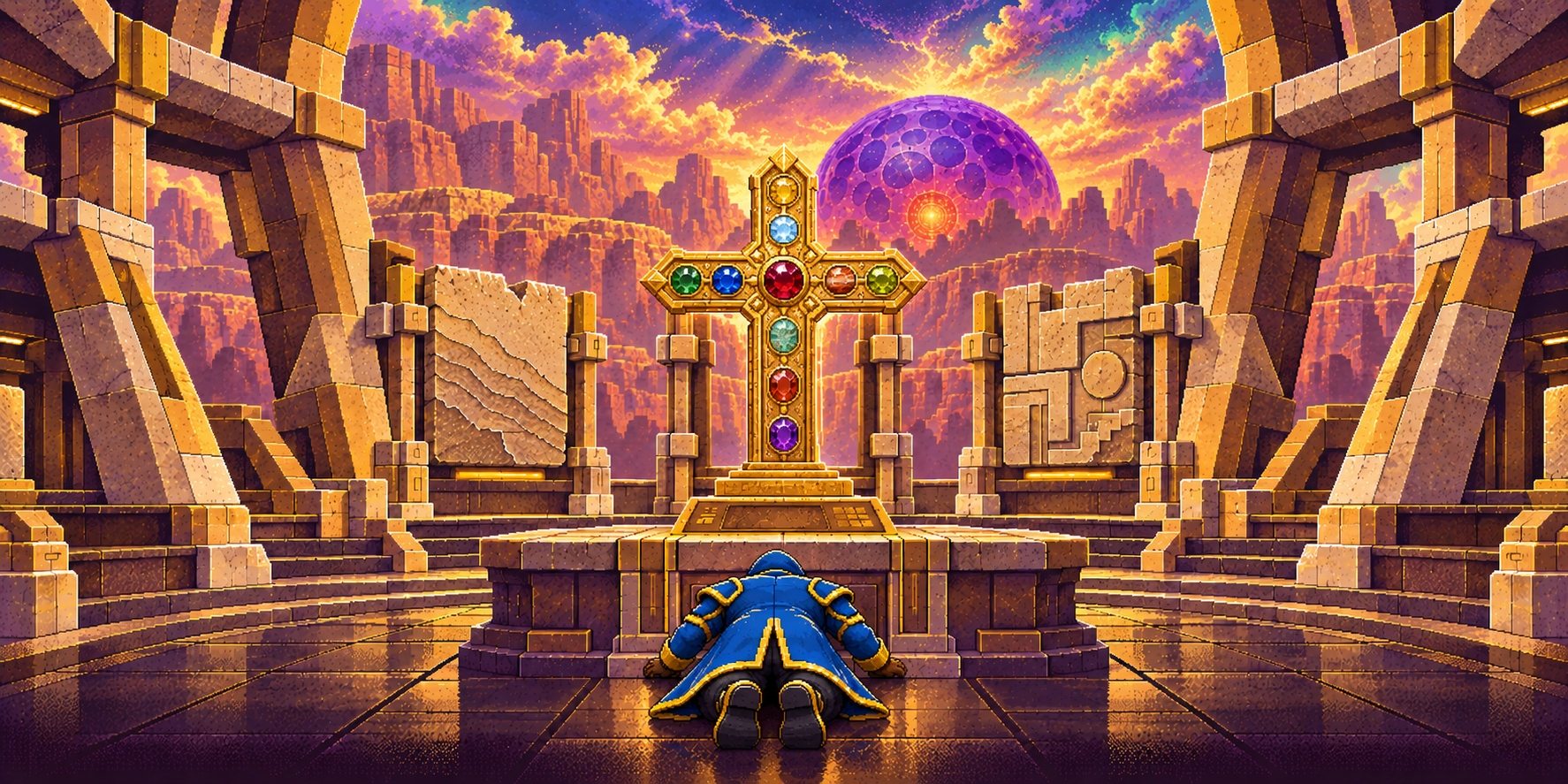 Hooded Kade in cobalt and gold, prostrating before a gold cross with ten jewels; the purple and orange Aether Core rises beyond the golden canyon.